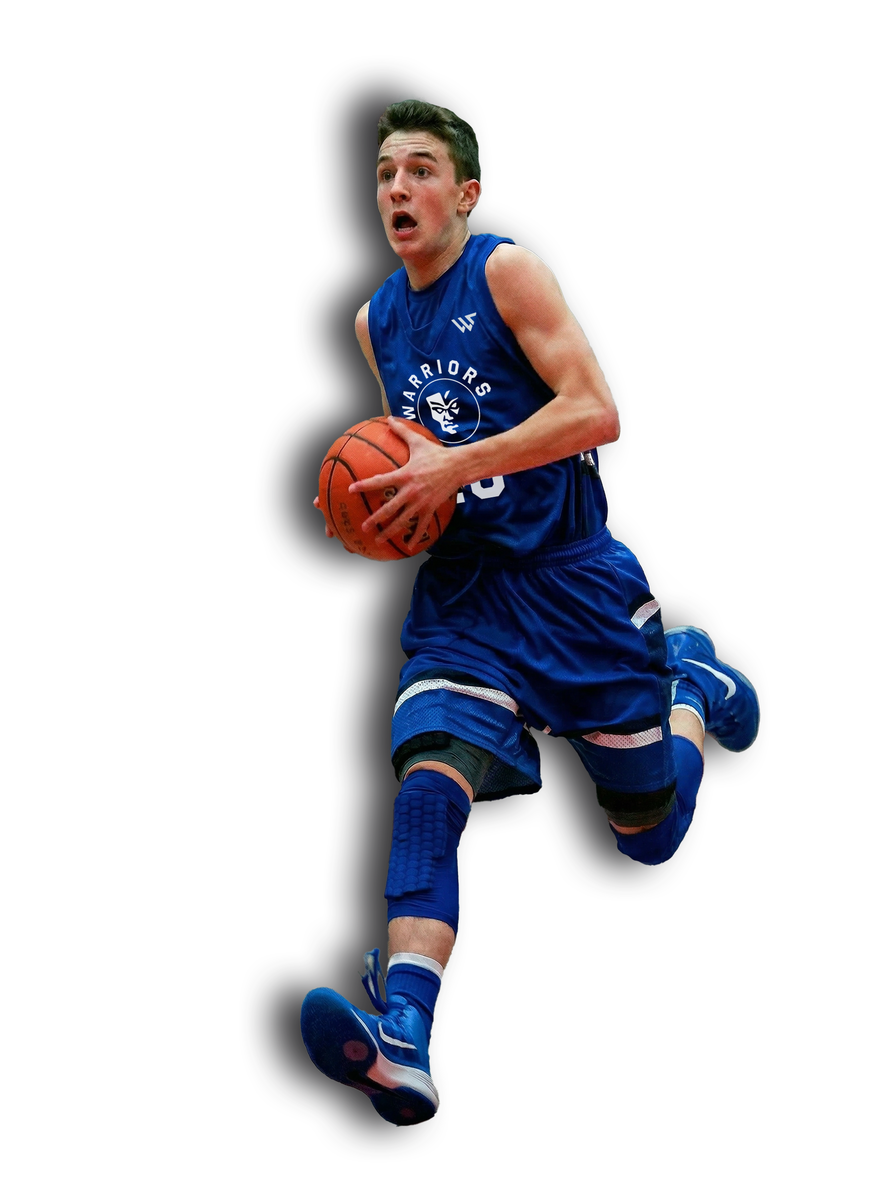A young male basketball player in a blue jersey with the Golden State Warriors logo, running with a basketball on a black background.