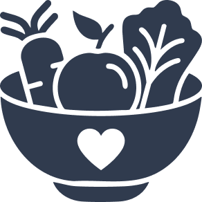 A bowl of assorted vegetables, including a carrot, tomato, and leafy greens, with a heart on the front.