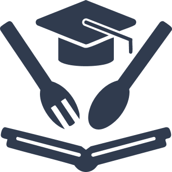 A graduation cap with a diploma inside an open book, flanked by a fork and spoon.