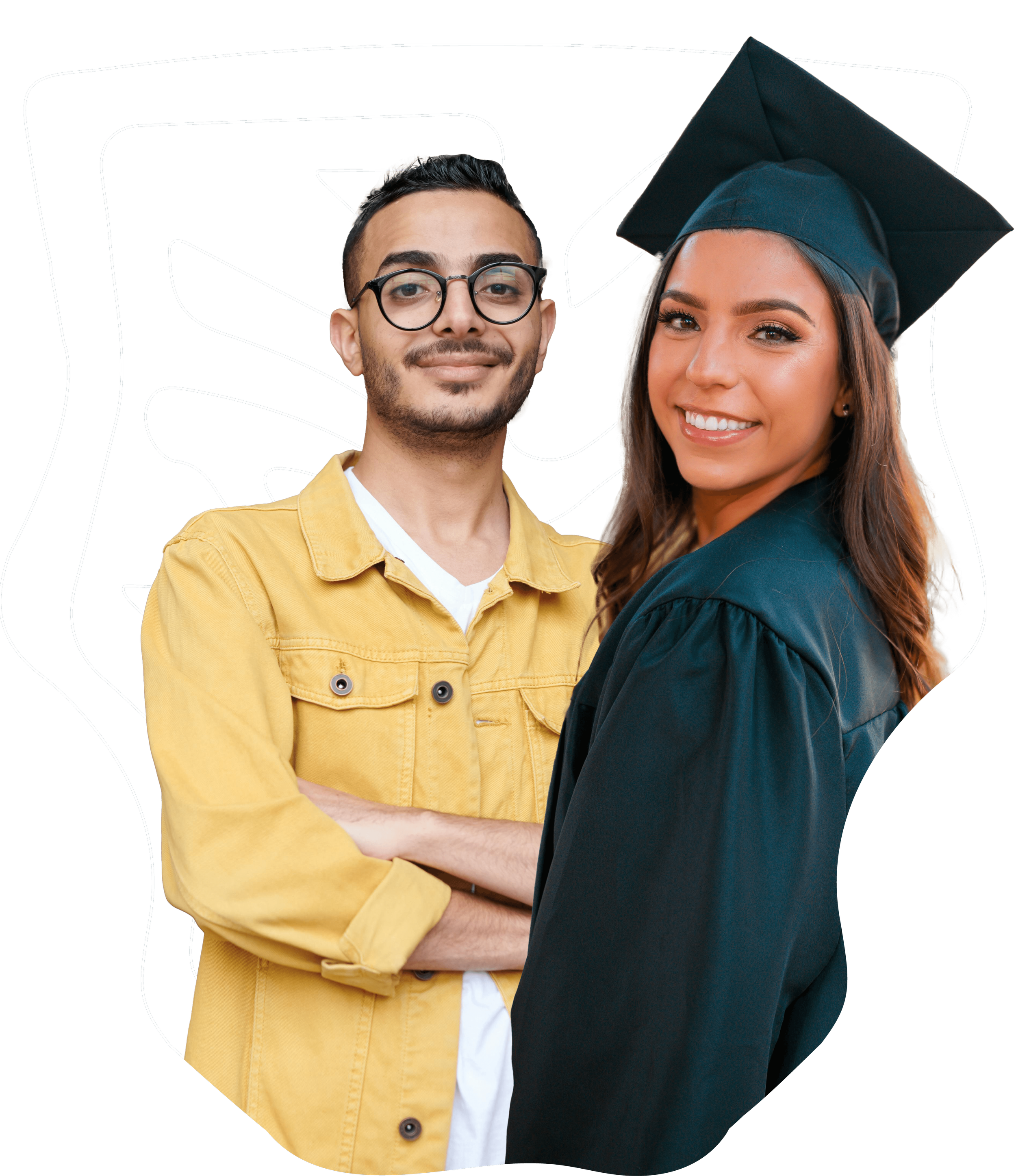 Two graduates, one male and one female, smiling for a photo. The male wears glasses and a yellow jacket; the female is in a black cap and gown, smiling.