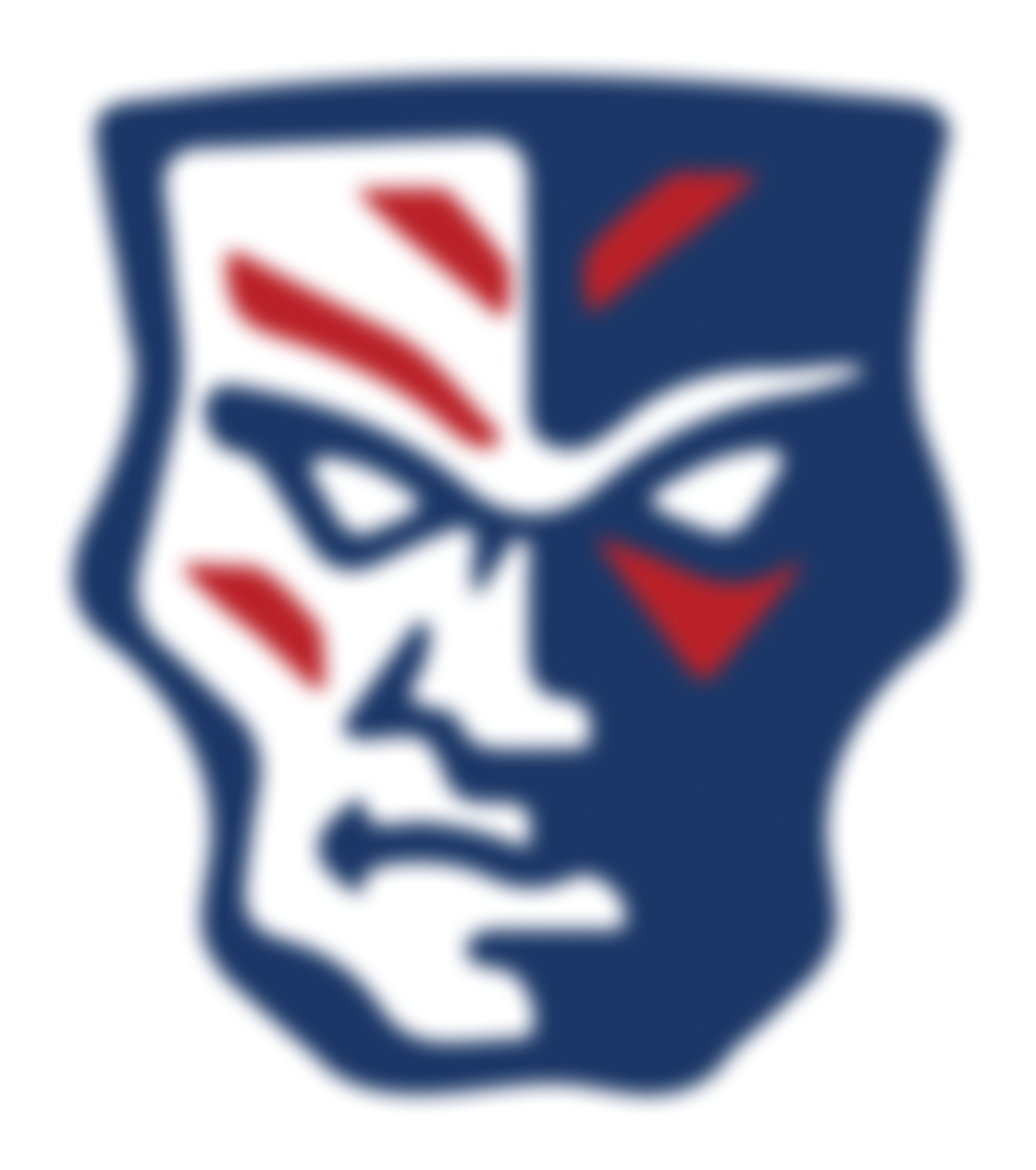 A stylized mask with a face, divided into two halves with red and white markings on the left and police blue on the right, representing a theatrical or masquerade theme.
