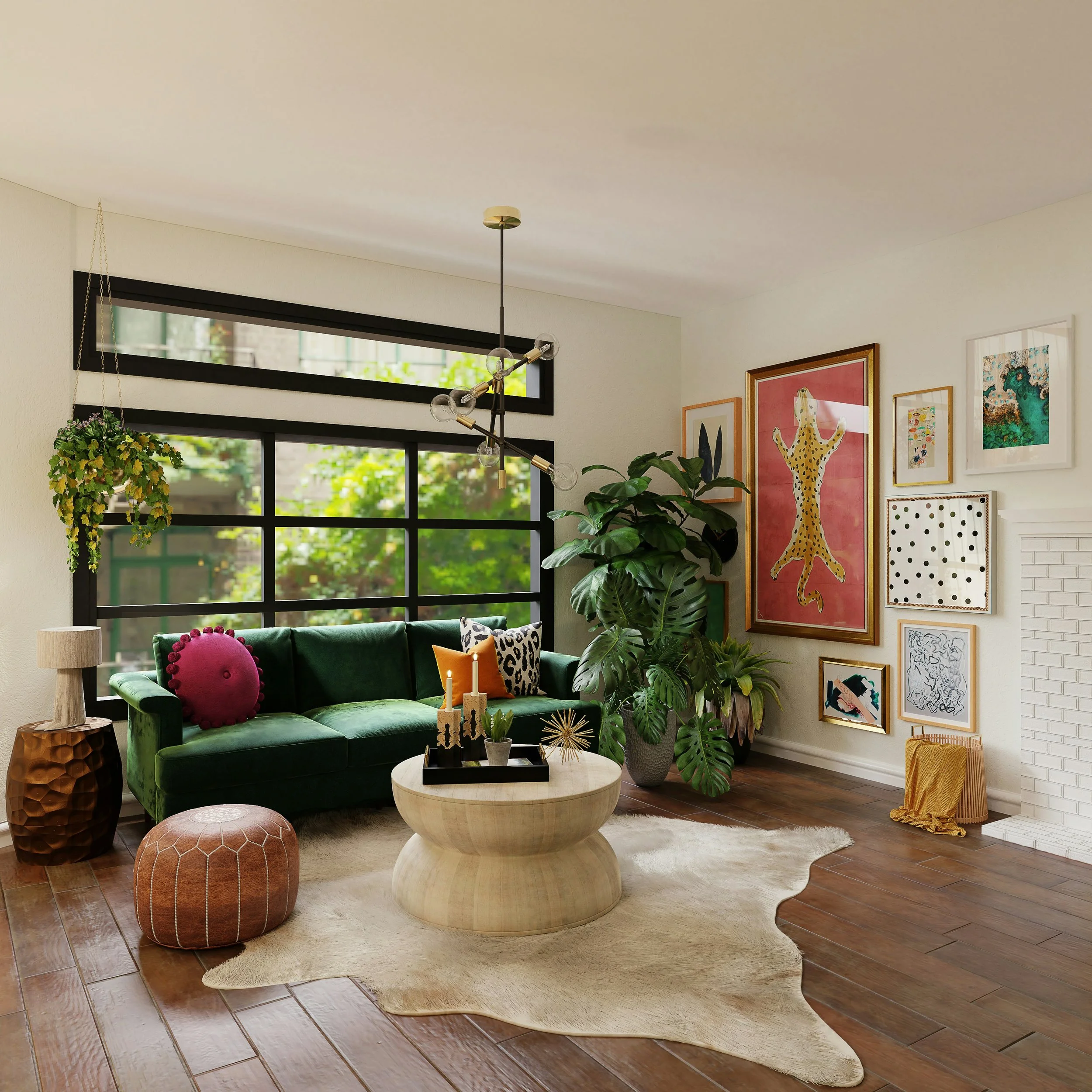 Living room with green velvet sofa, gallery wall of colorful artwork, large window with black trim, wooden side table, beige ottoman, round coffee table, large leafy plant, hanging greenery, modern chandelier, wood flooring, and white fireplace