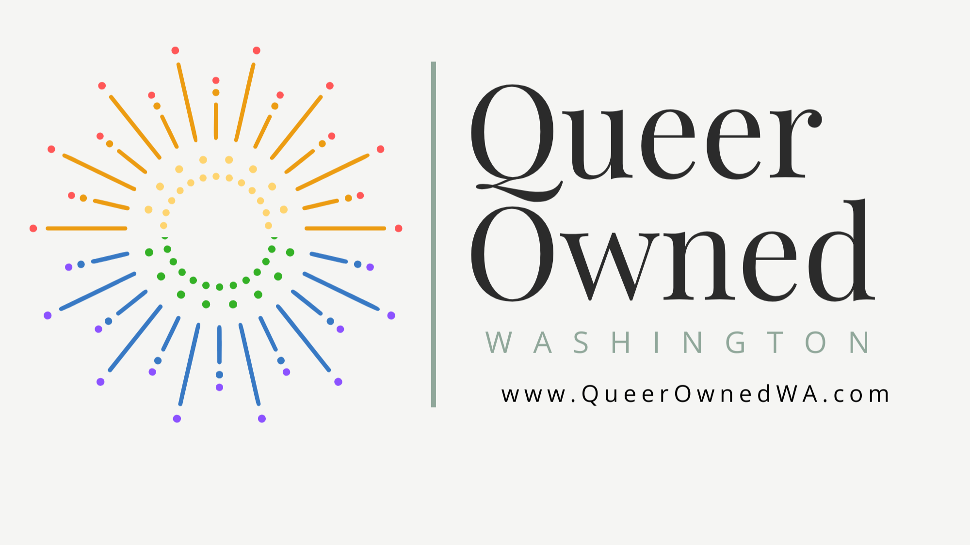 Colorful geometric sunburst logo with text 'Queer Owned Washington' and website link www.QueerOwnedWA.com.