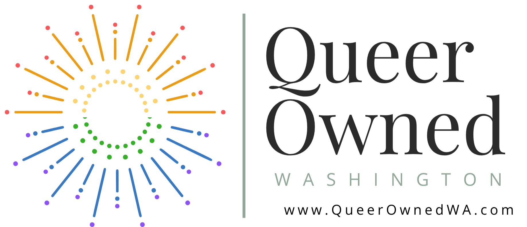 Colorful rainbow firework graphic next to the text "Queer Owned Washington" in black and green font.