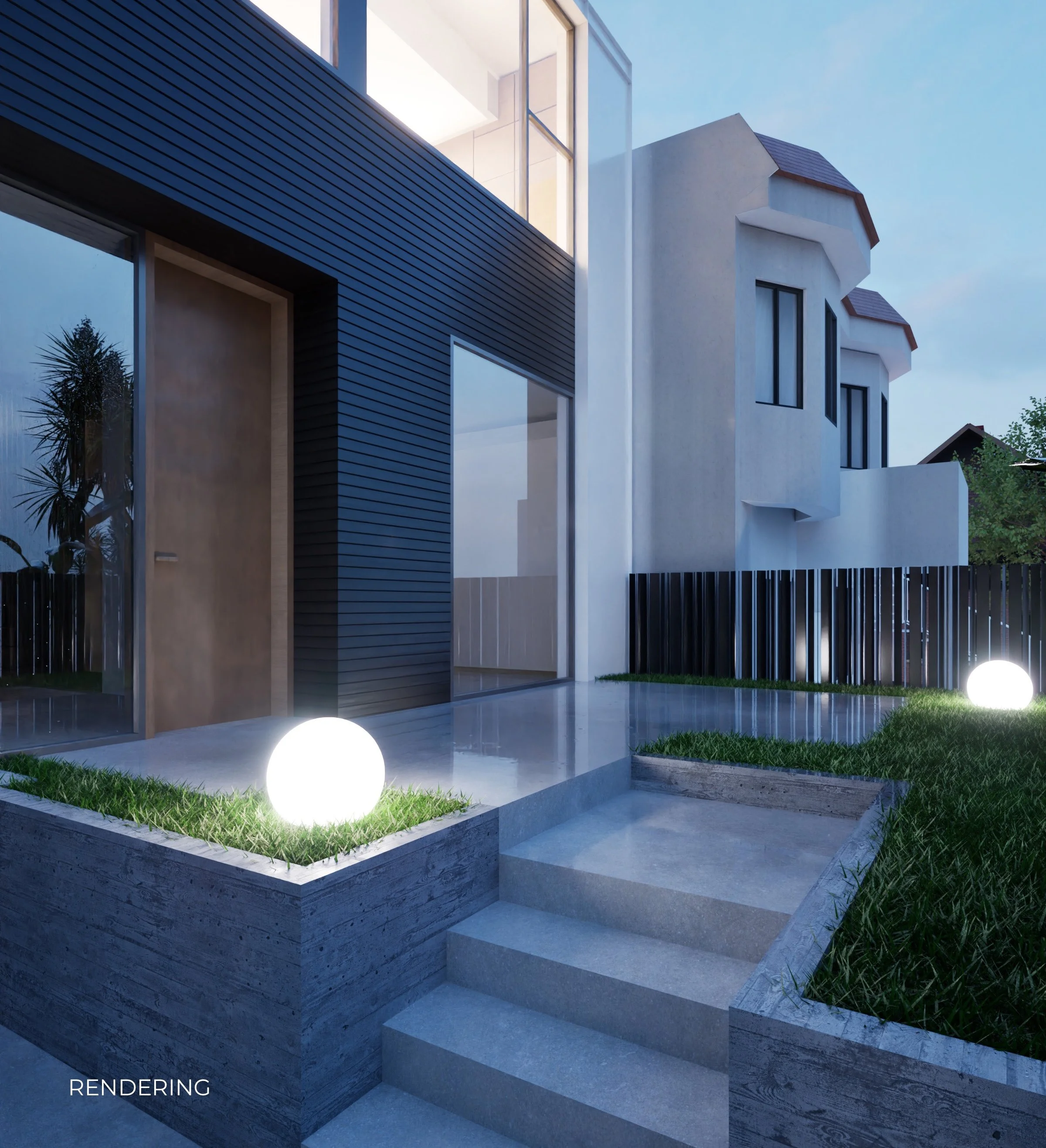 Modern house with dark horizontal siding, light stucco walls, large windows, and stairs leading to a landscaped yard with grass and spherical outdoor lights.