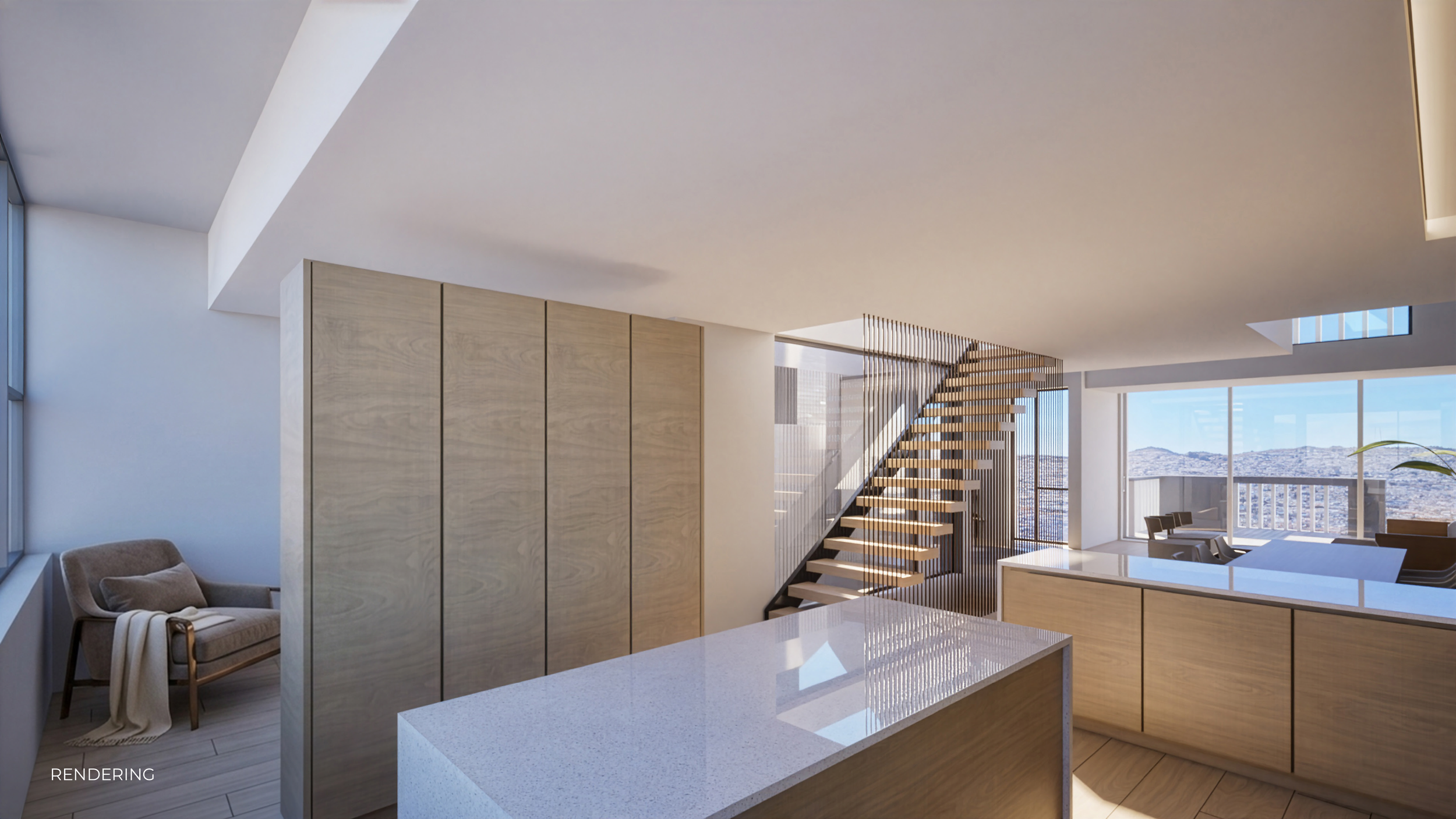 Modern open-concept living space with a staircase, large windows, and sleek furniture.