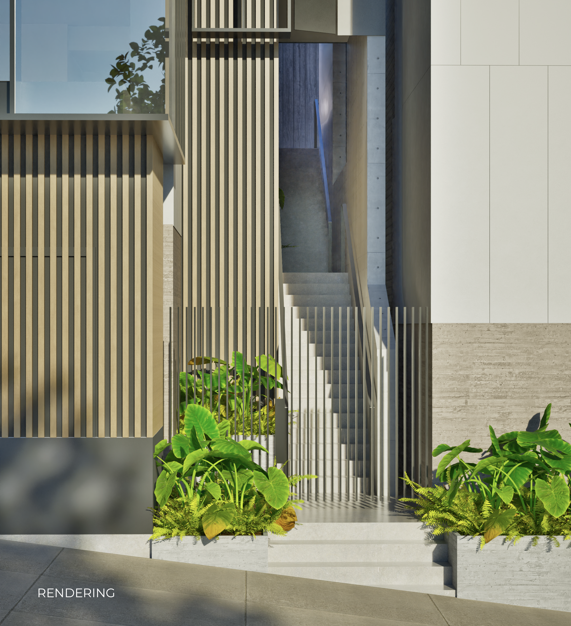 Digital rendering of a modern urban exterior with a concrete staircase, wooden slat fence, and lush green plants in planters, with part of a building wall visible.