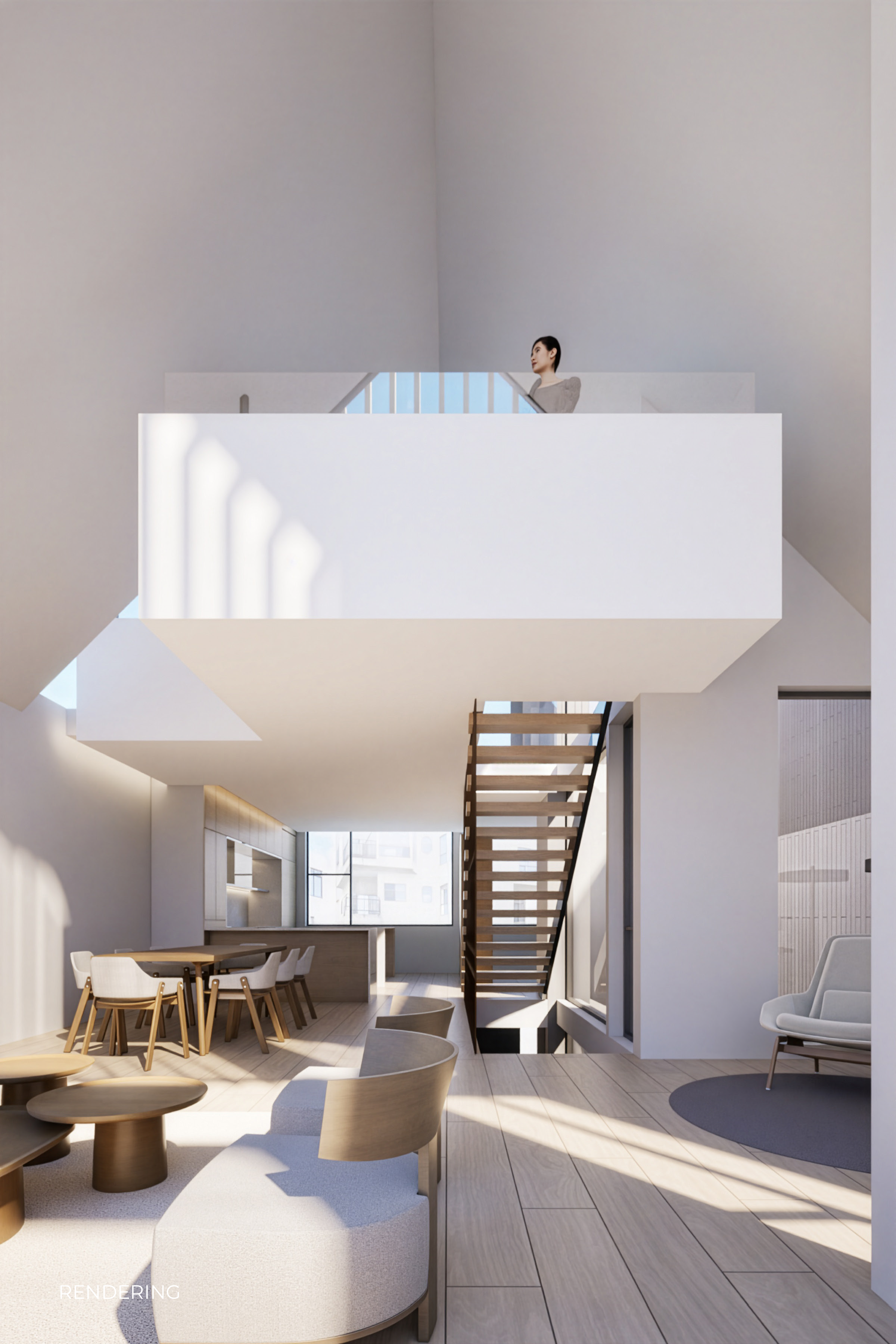 Modern, open-concept interior of a residential space with staircase, dining area, and sitting area, characterized by minimalistic design, white walls, large windows, and light wooden flooring.