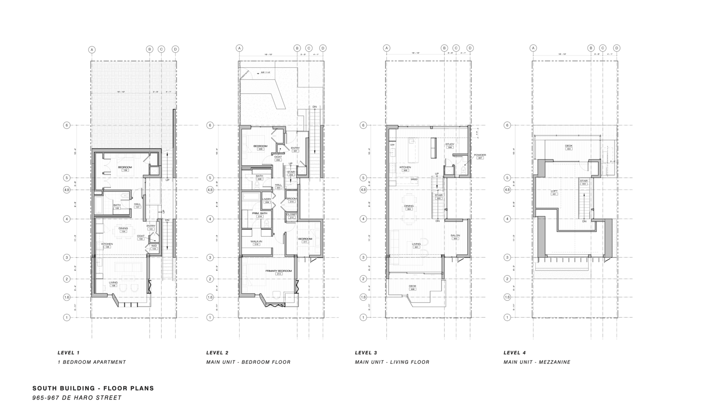 Architectural floor plans for a four-level residential building, from basement to mezzanine, including layouts for bedrooms, bathrooms, kitchens, living areas, and decks.