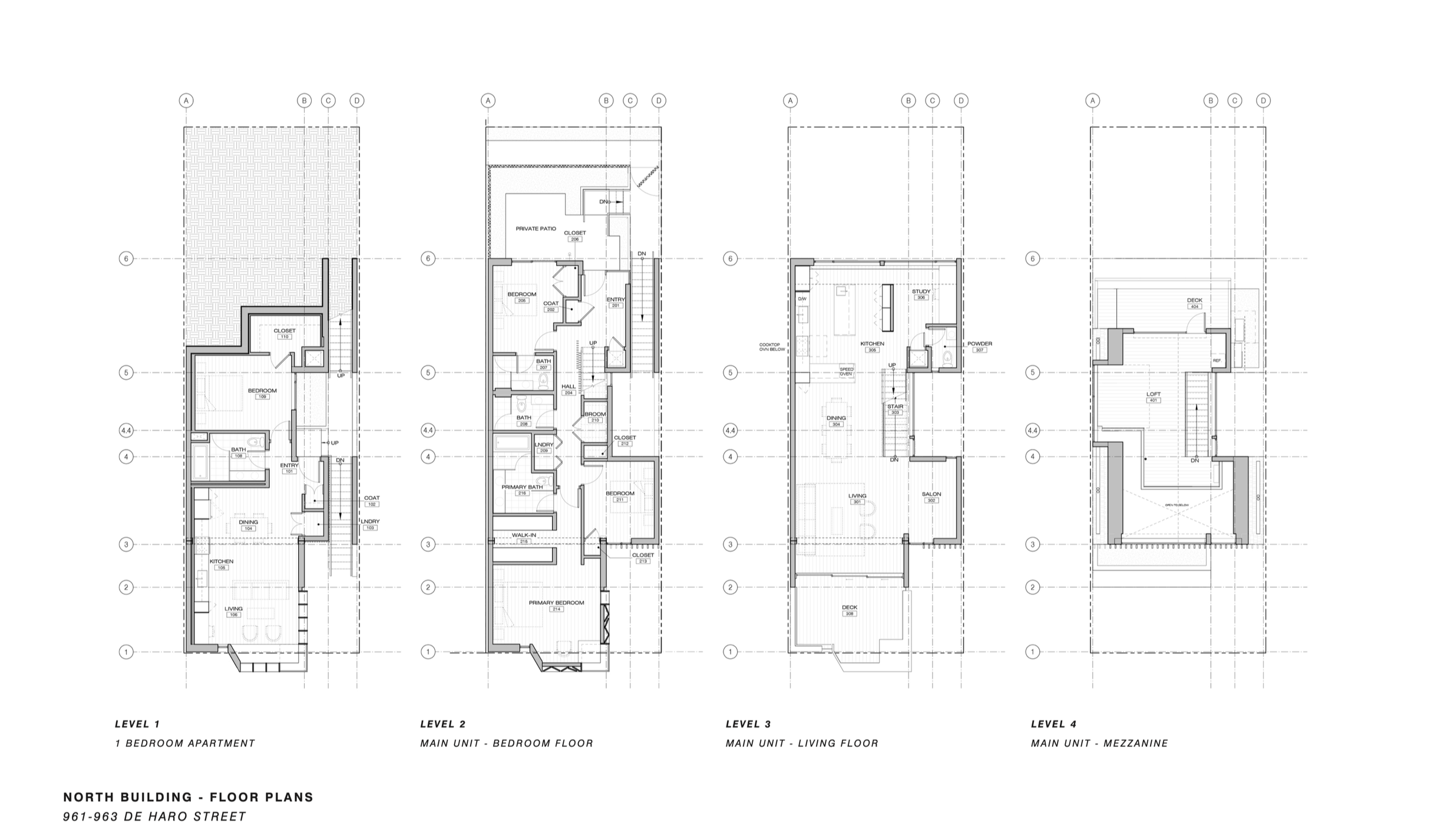 Architectural floor plans of a multi-level residential building, showing layouts for four floors, including bedrooms, bathrooms, kitchen, living area, and terraces.
