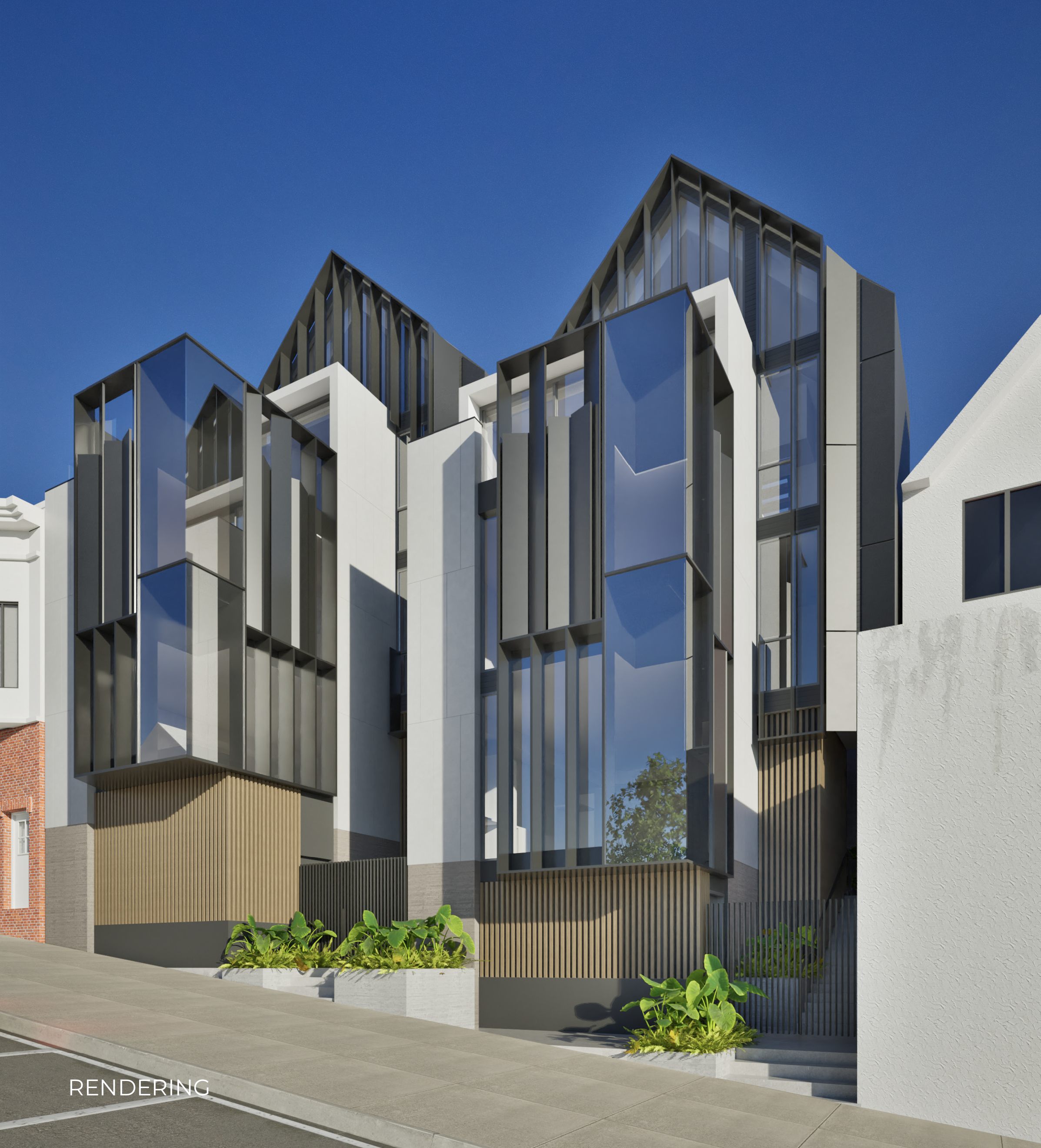 Render of a modern multi-story building with glass windows and wooden accents, adjacent to a sidewalk with small greenery at the base, under a blue sky.