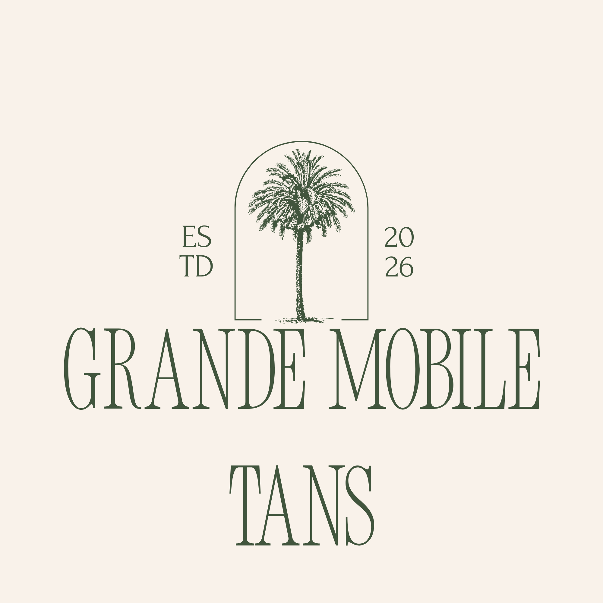 A beige background with a dark green line drawing of a palm tree inside a rounded arch, and the text "ESTD 2026" and "GRANDE MOBILE" in elegant serif font.