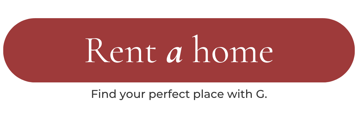 Graphic with a rounded rectangular maroon button displaying the text 'Rent a home' in white, stylized font, with smaller black text underneath saying 'Find your perfect place with G.'