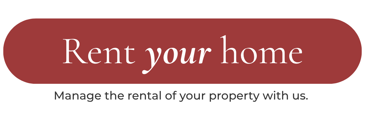 A red oval button with white text that says "Rent your home" and smaller black text underneath that says "Manage the rental of your property with us."