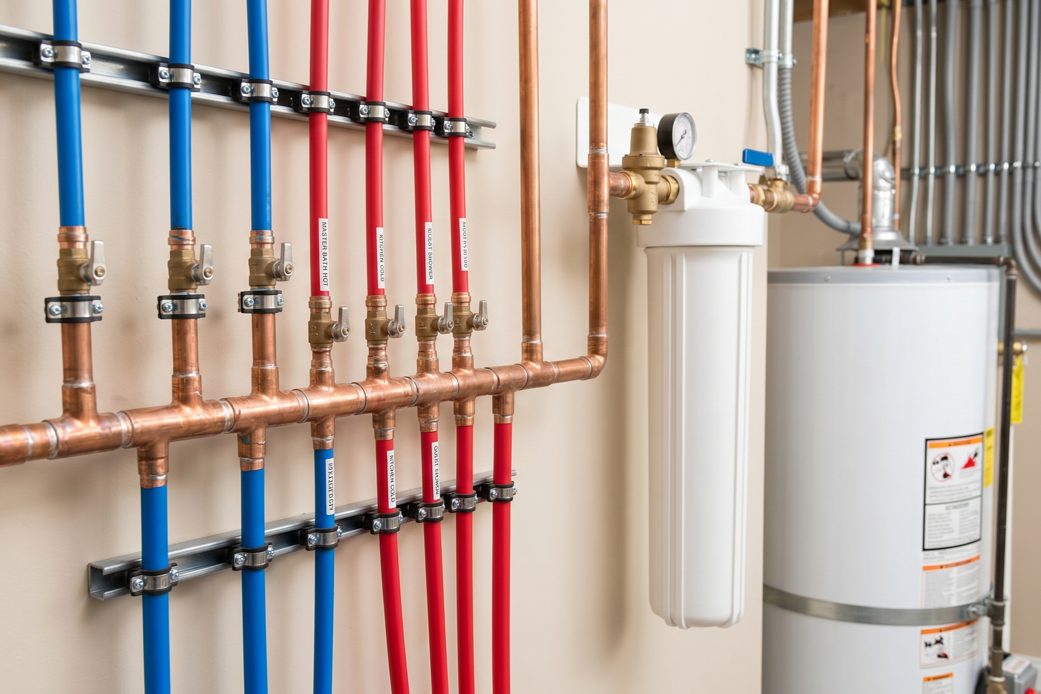 A professional plumbing manifold system featuring red and blue PEX lines, copper piping, a water filtration unit, and a gas-fired water heater, Installed with craftsmanship in a Surrey home.