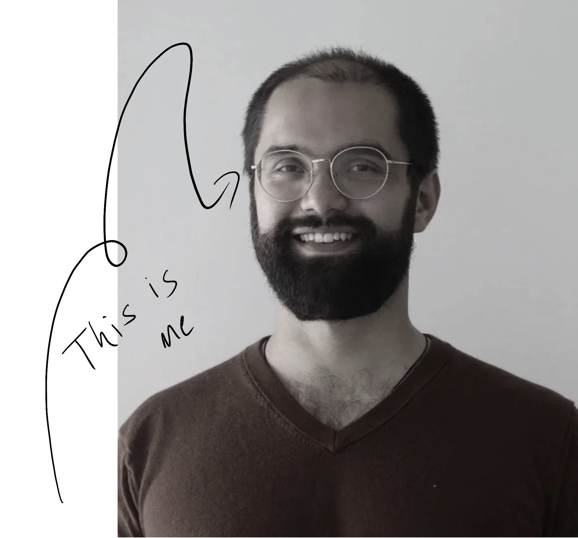 Dr Mantilla Rivas grayscale with a hand drawn line with a caption "this is me"