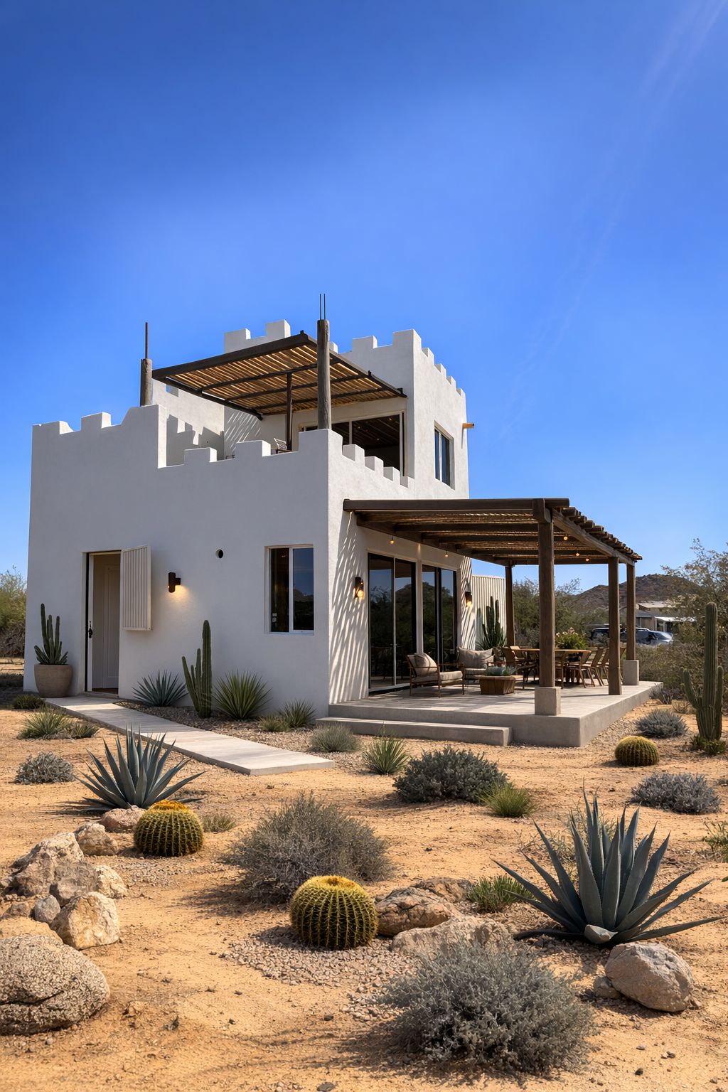 A white southwestern style house in a desert landscape with cacti and rocks, featuring a covered patio with outdoor furniture and a second-floor balcony against a bright blue sky.