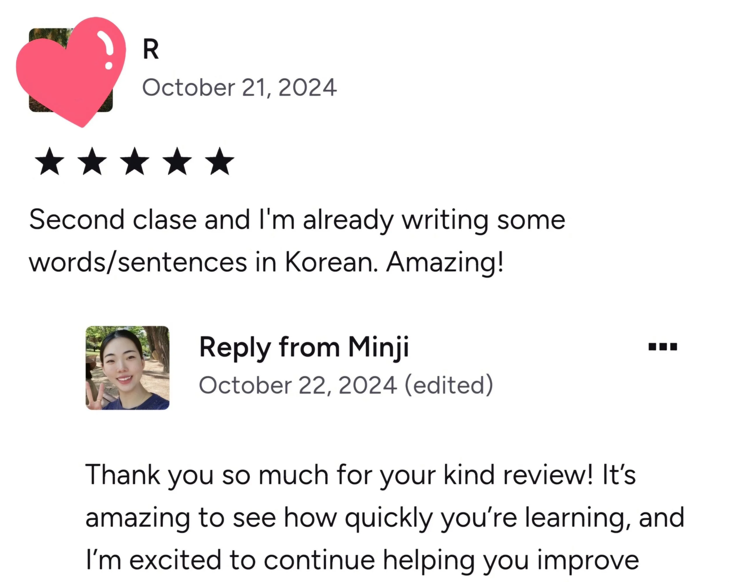 Screenshot of a social media post with a pink heart icon, posting date October 21, 2024, with a five-star rating, and text expressing excitement about learning Korean words and sentences.