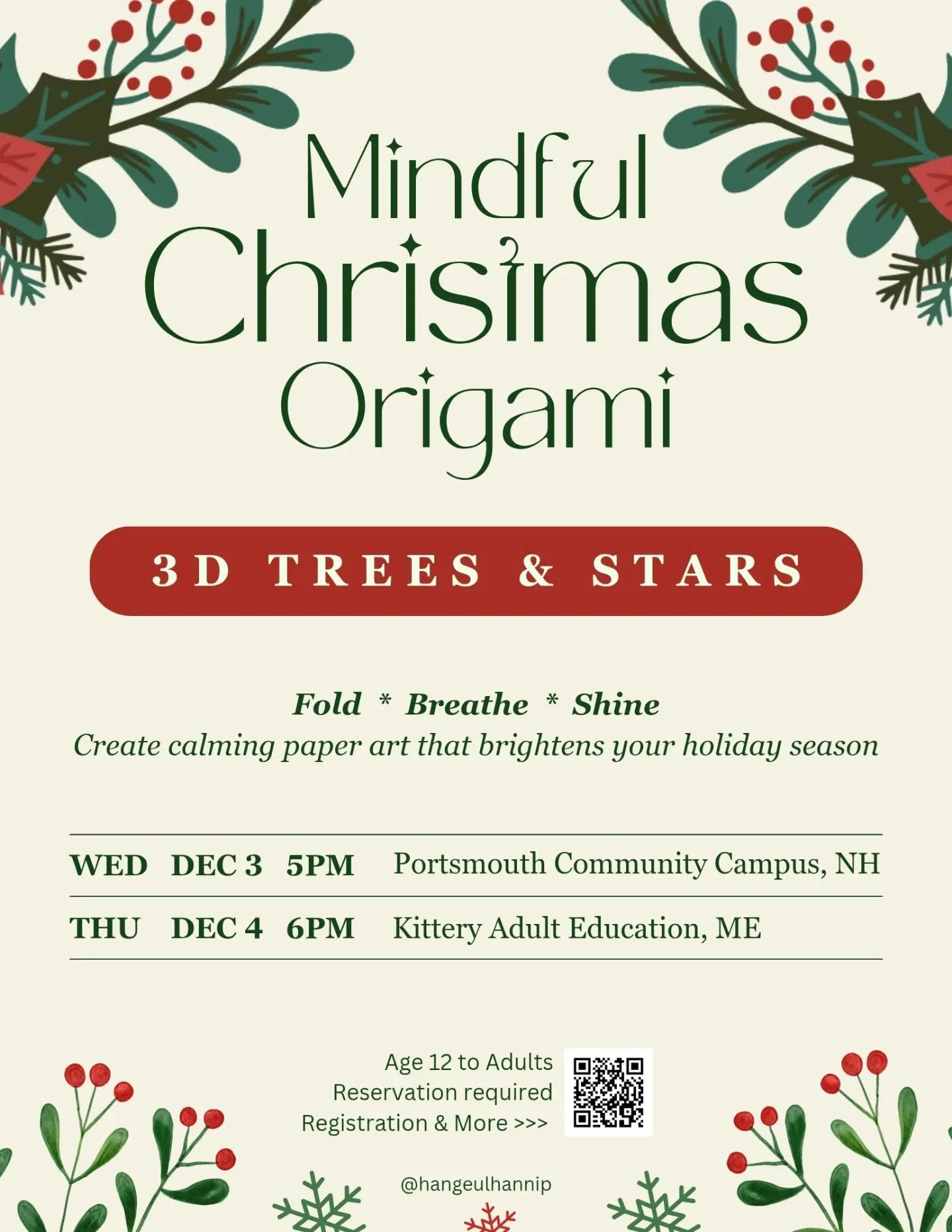 🎄 #Mindful #Christmas #Origami 

✨ Fold &middot; Breathe &middot; Shine

Take a mindful pause this #holiday season.
Join us for a cozy evening of 3D Christmas Trees &amp; Stars Origami, where paper transforms into calm, color, and quiet joy 🌟

You&