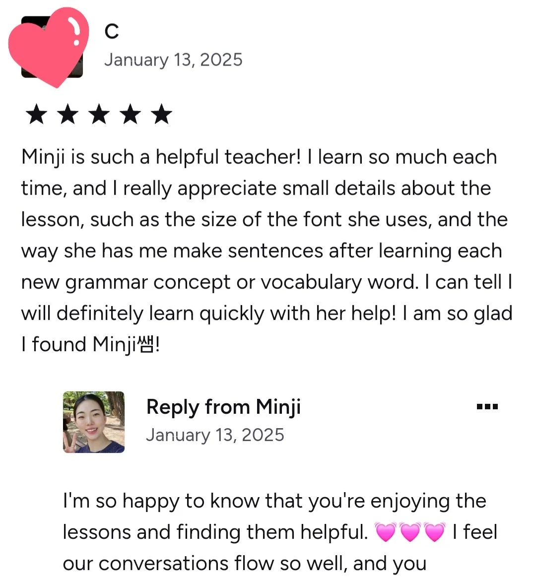 Screenshot of a positive review about Minji, a helpful teacher, with a small profile picture of Minji, a woman smiling and making a peace sign.