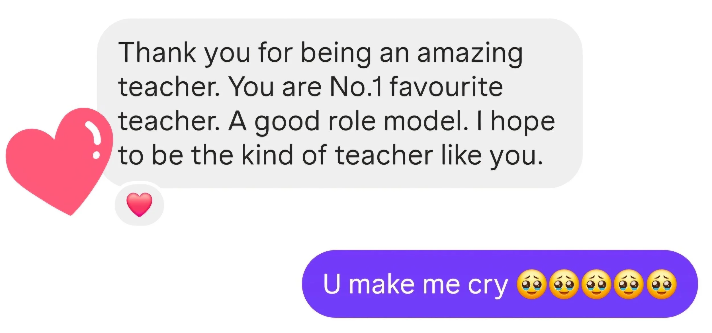 A screenshot of a text message conversation with a white background featuring pink and purple message bubbles. The first message says, 'Thank you for being an amazing teacher. You are No.1 favourite teacher. A good role model. I hope to be the kind o