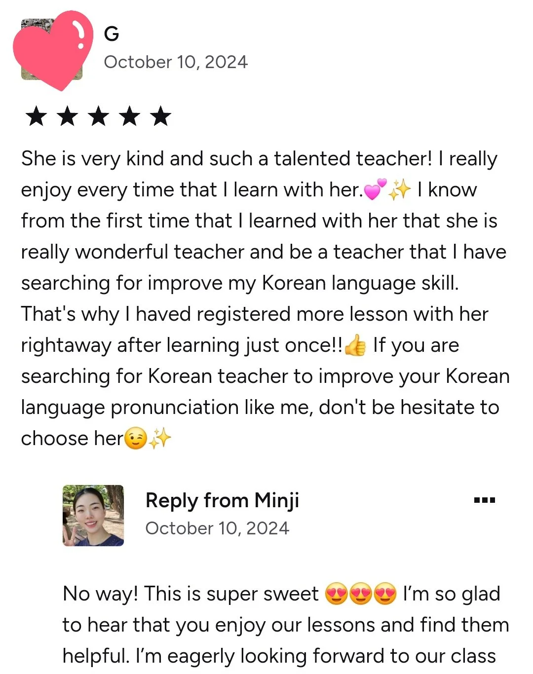 Online review of Korean class in Boston showing student satisfaction and confidence