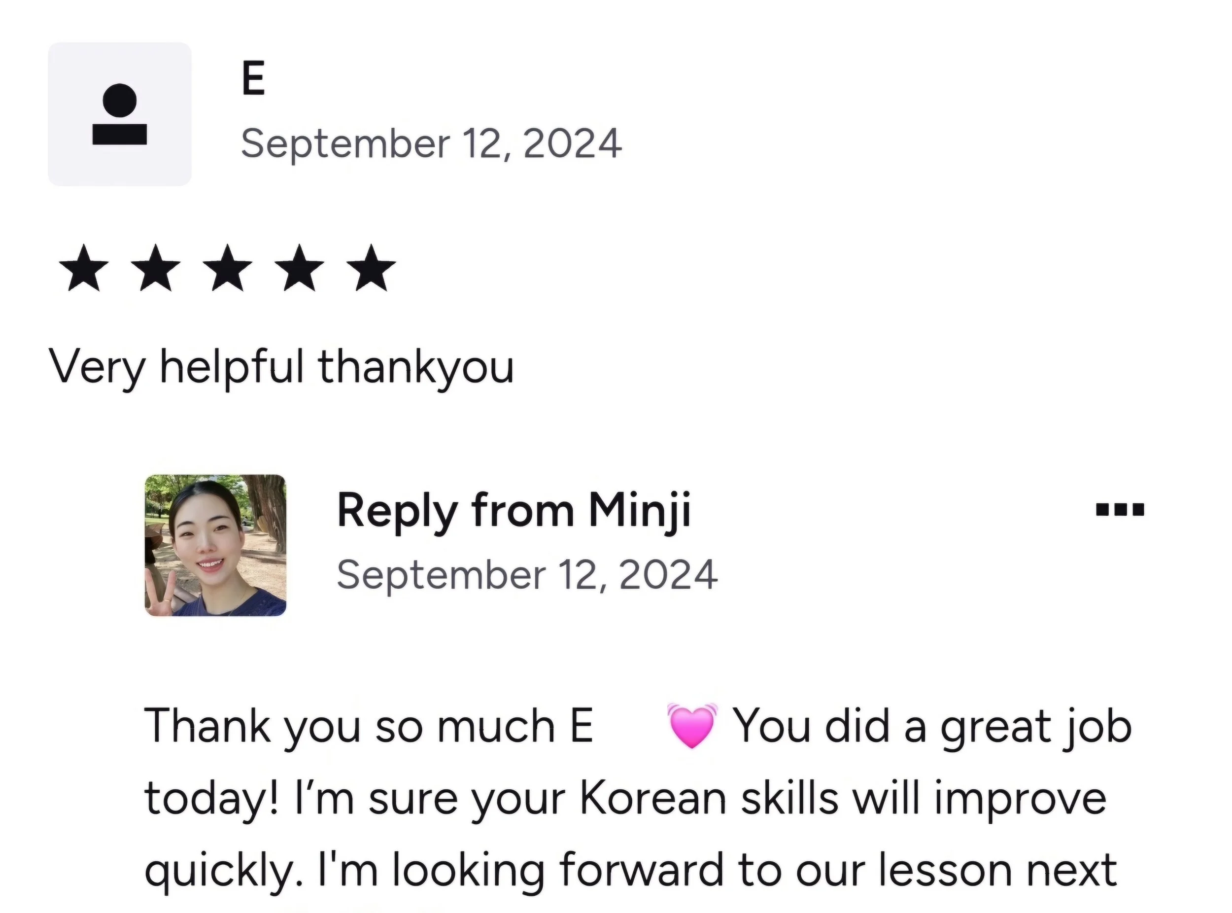 Five-star student feedback on Korean class in Boston with effective teaching style