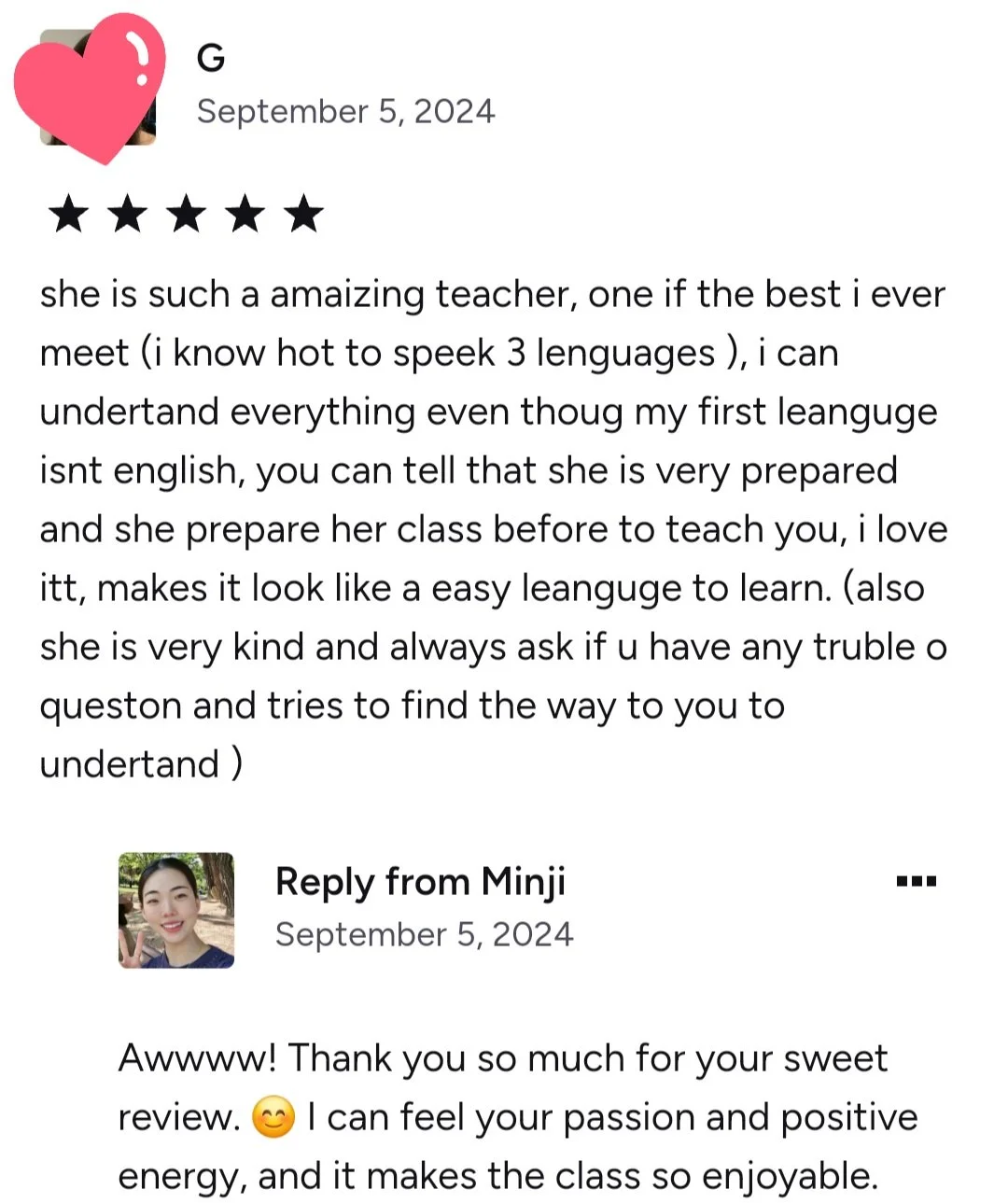 Positive student review of Korean language class in Boston with engaging lessons