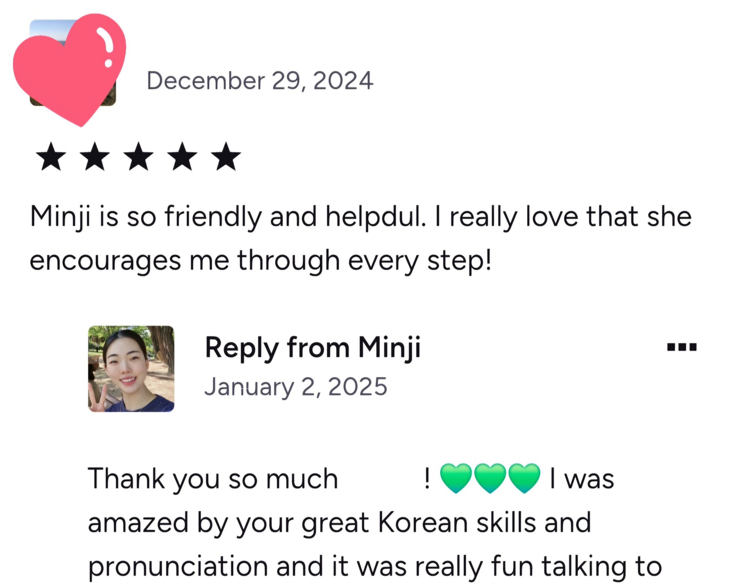 Screenshot of a review showing a five-star rating, the date December 29, 2024, and a picture of a young woman with black hair, smiling and making a peace sign, in outdoor setting. The text says she loves Minji for being friendly and helpful, and prai