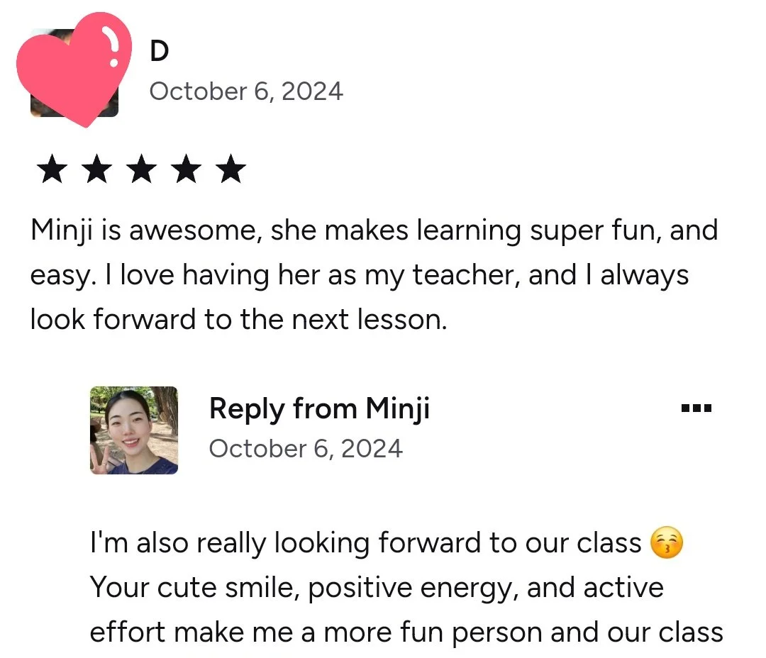Five-star review of Korean class in Boston highlighting improvement and support