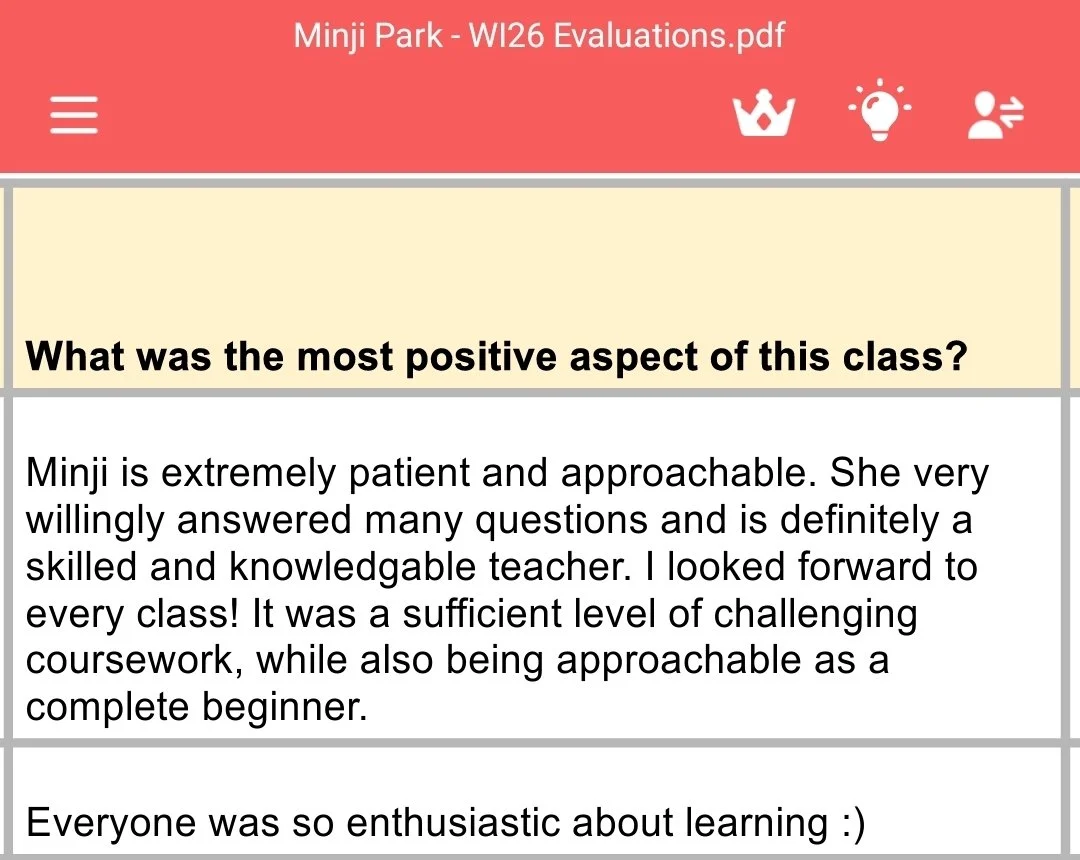 Screenshot of a feedback form titled 'Minji Park - WI26 Evaluations.pdf' with questions and responses about a class, showing positive comments about the teacher's patience and approachability.
