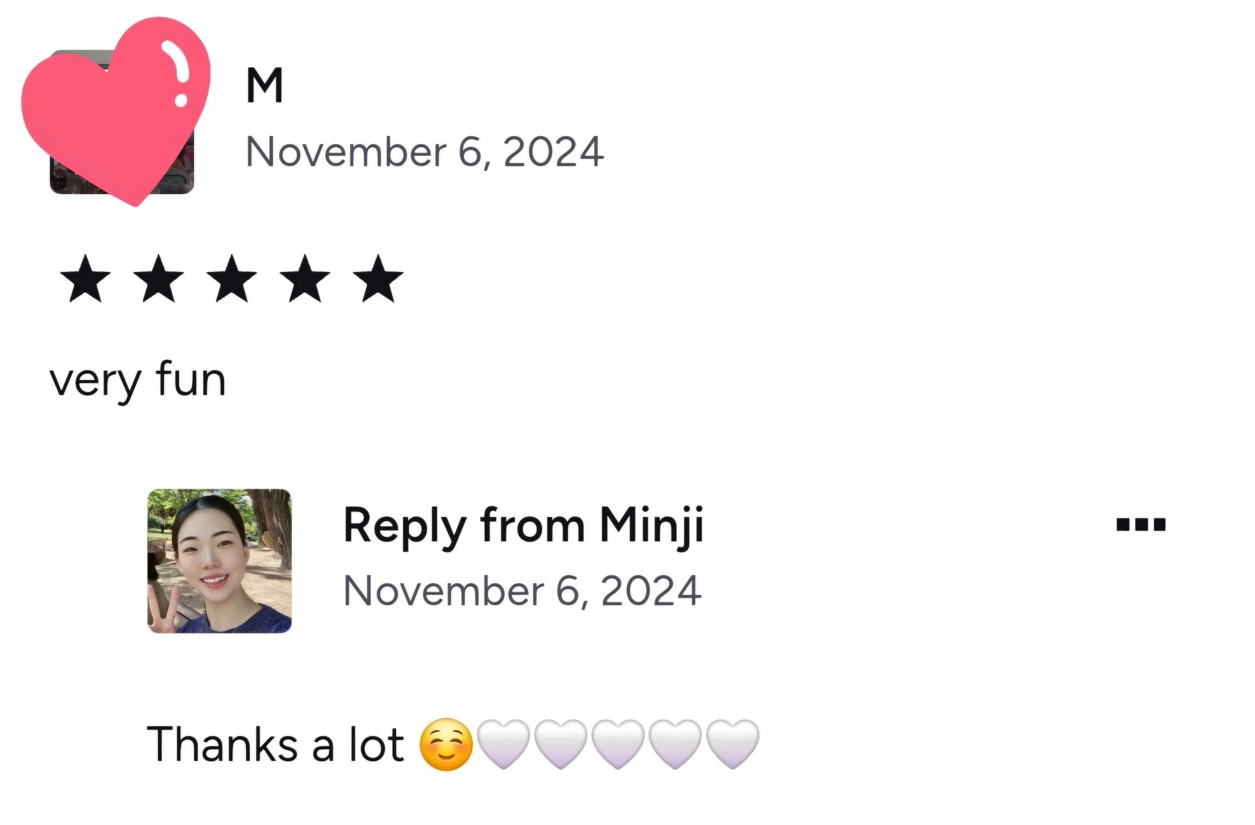 A screenshot of a social media review with a five-star rating, a profile picture of a smiling woman making a peace sign, and a comment saying, "Thanks a lot 😊💜💜💜💜" dated November 6, 2024.