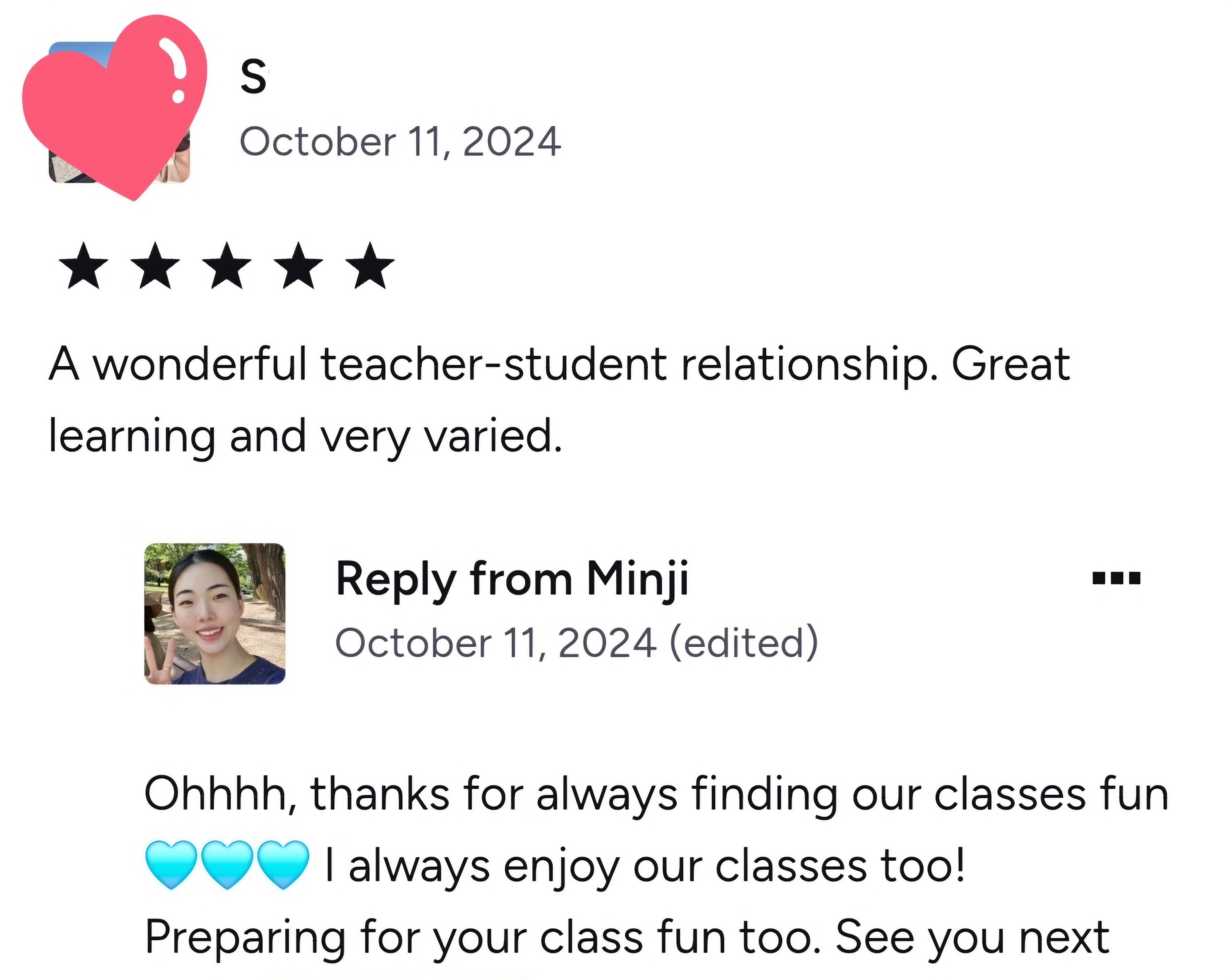 Positive feedback from student about Korean tutor and class experience in Cambridge