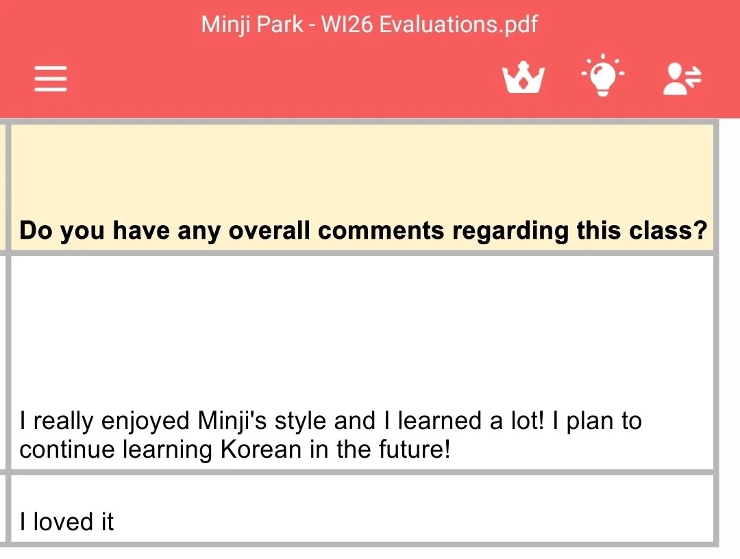 Screenshot of a digital feedback form for Minji Park's Korean class, with a question asking for overall comments. Two responses are visible: "I really enjoyed Minji's style and I learned a lot! I plan to continue learning Korean in the future!" and "