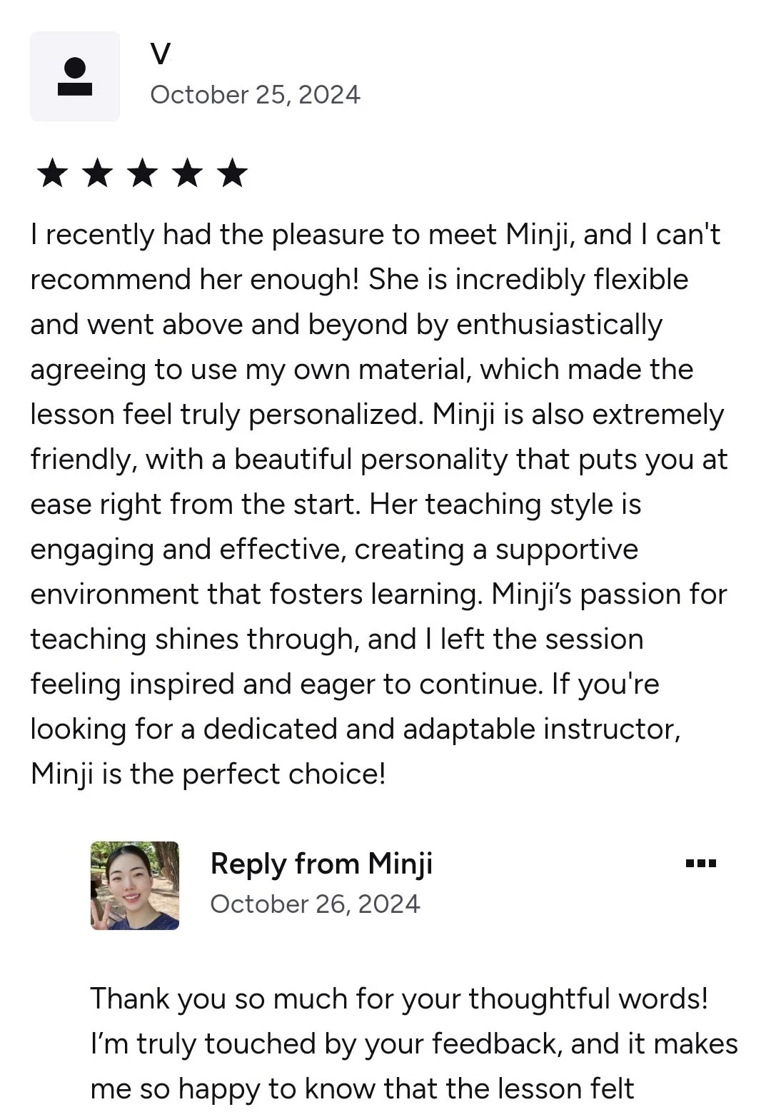 Screenshot of a positive review for Minji, praising her flexibility, teaching style, and personality, with a reply from Minji expressing gratitude.