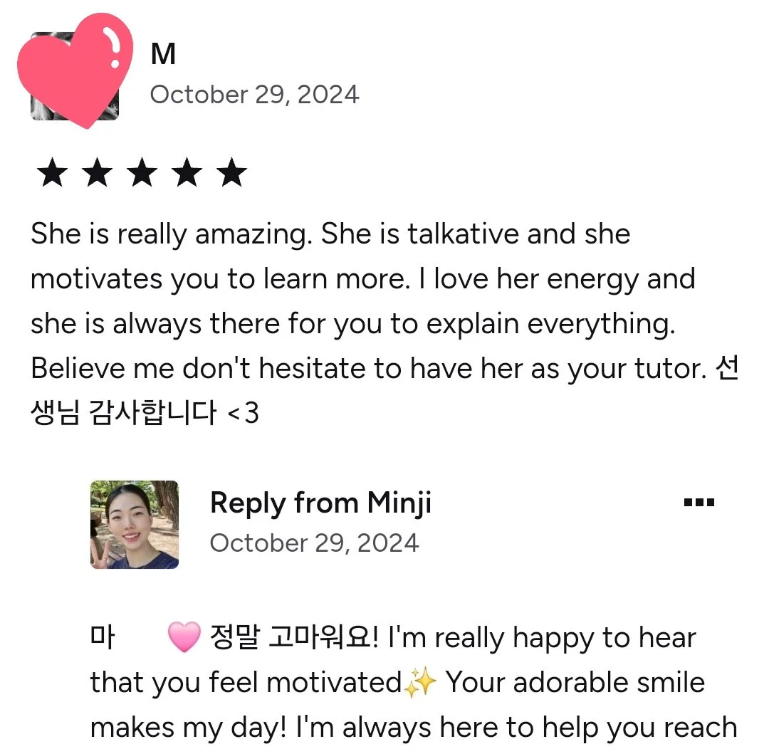 Screenshot of a positive review for a tutor named Minji, praising her energy, talkativeness, and helpfulness, with a reply in Korean expressing gratitude and happiness.