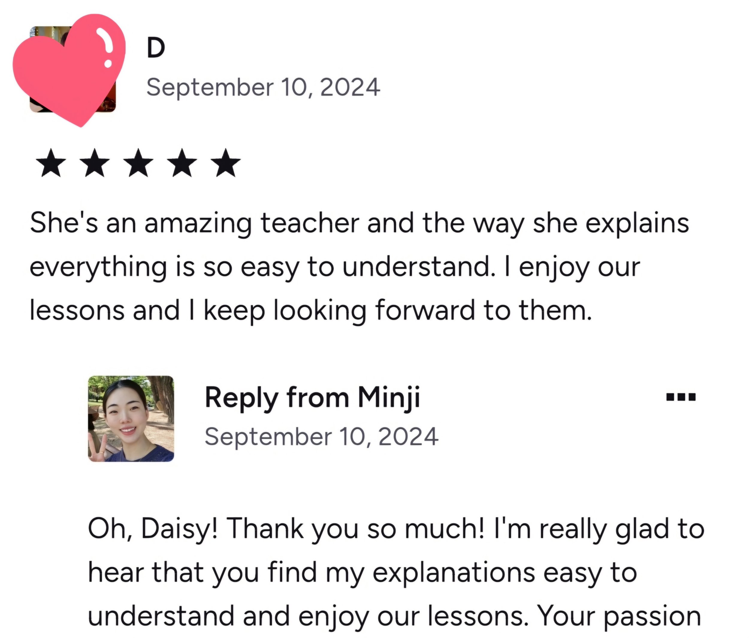 Student testimonial from Korean class in Boston highlighting natural speaking progress