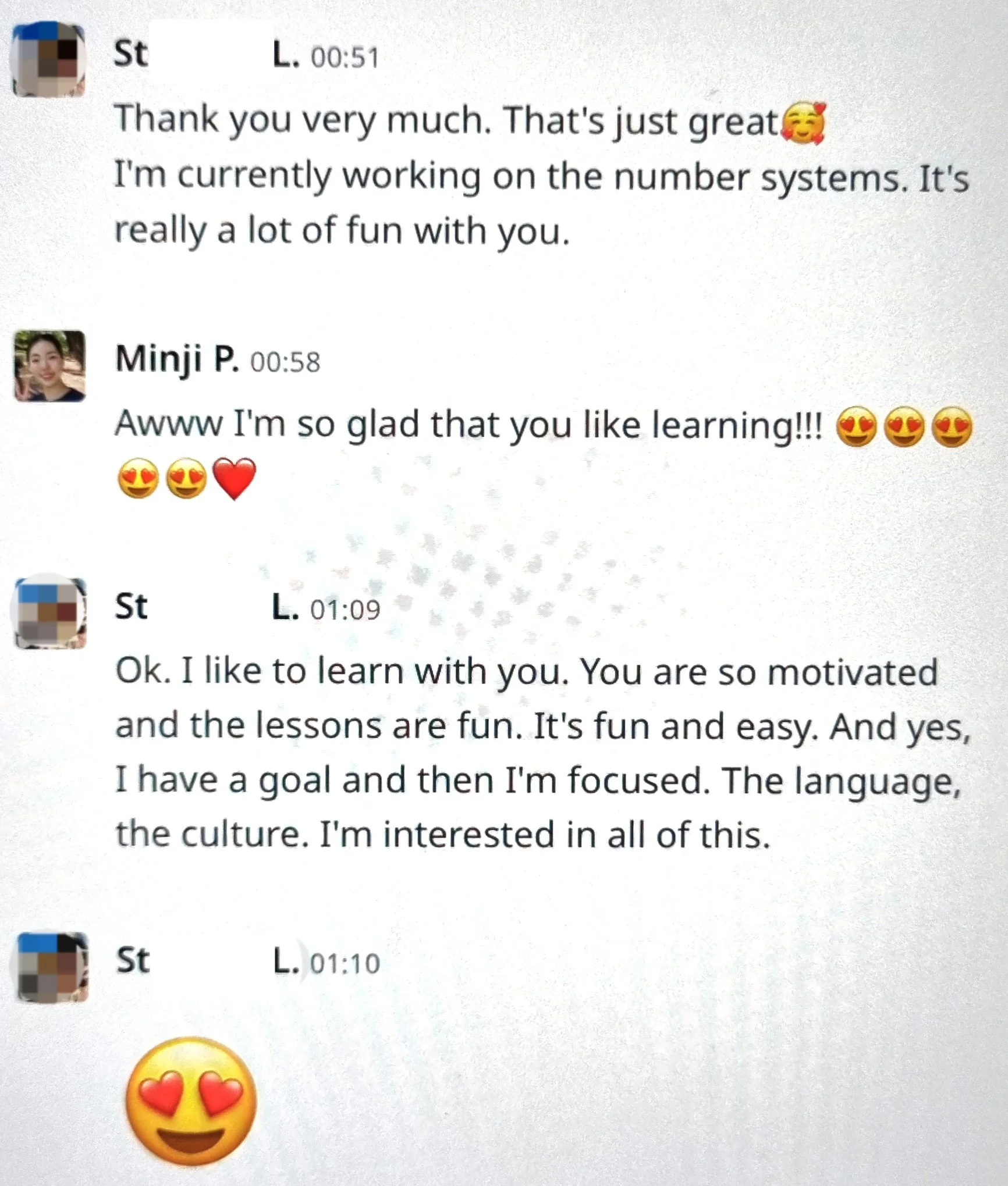 Screenshot of a messaging app conversation with three messages. The first message expresses gratitude and mentions working on number systems, with a smiling face with hearts emoji. The second message from another user shows enthusiasm about learning,