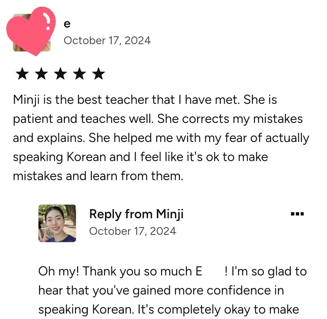 Five-star student review of Korean speaking class in Boston with strong progress