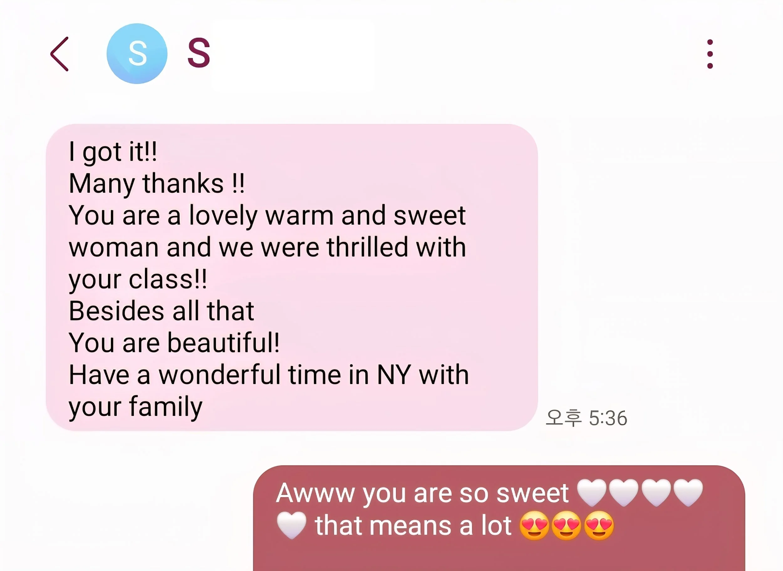 Screenshot of a text message conversation with positive and affectionate messages expressing gratitude, complimenting someone's beauty, and wishing them a wonderful time with their family in New York.