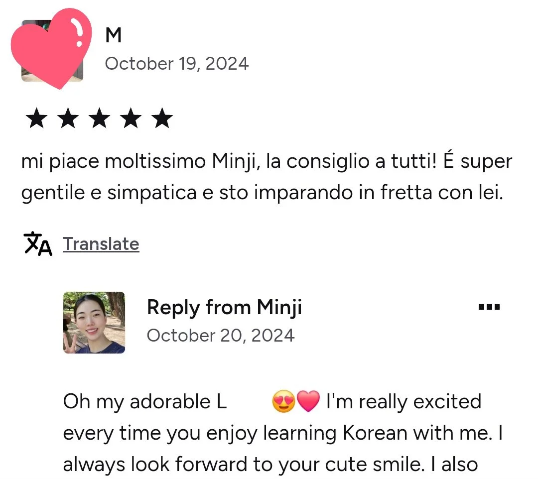 Student review of Korean class in Boston with five-star rating and positive feedback
