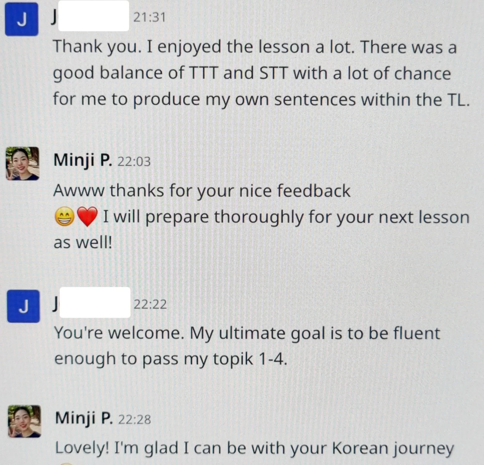 Screenshot of a messaging conversation in English discussing language lessons. The message includes compliments and feedback about the lesson, with emojis of a smiling face and a heart. The conversation is between two people, one expressing enjoyment