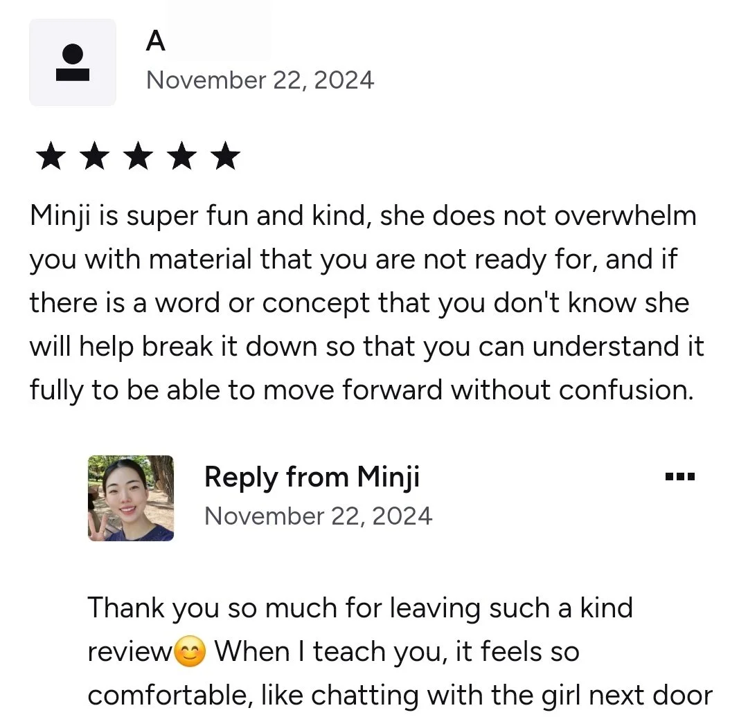 Online review and reply, dated November 22, 2024, with a 5-star rating and a profile picture of a smiling woman making a peace sign.