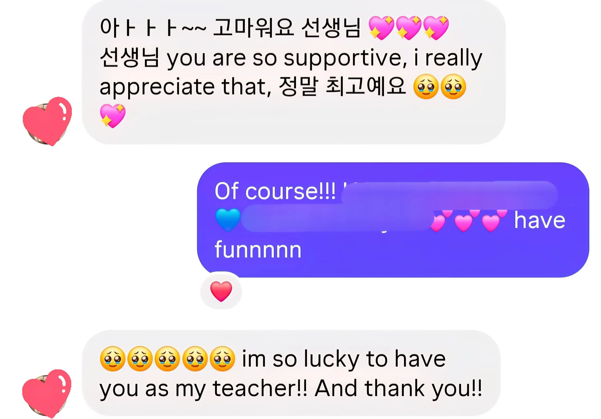 Screenshot of a text conversation expressing gratitude and support, with various emojis including hearts and crying faces.