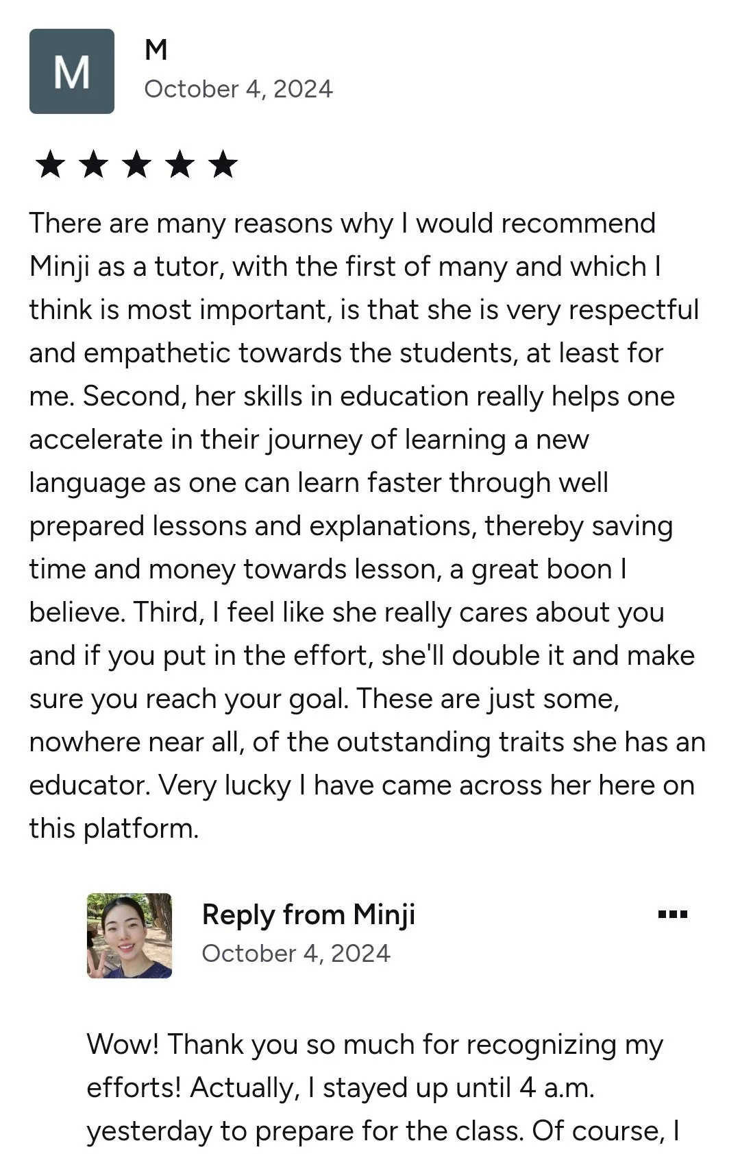 Korean language class testimonial from student in Cambridge MA highlighting learning experience