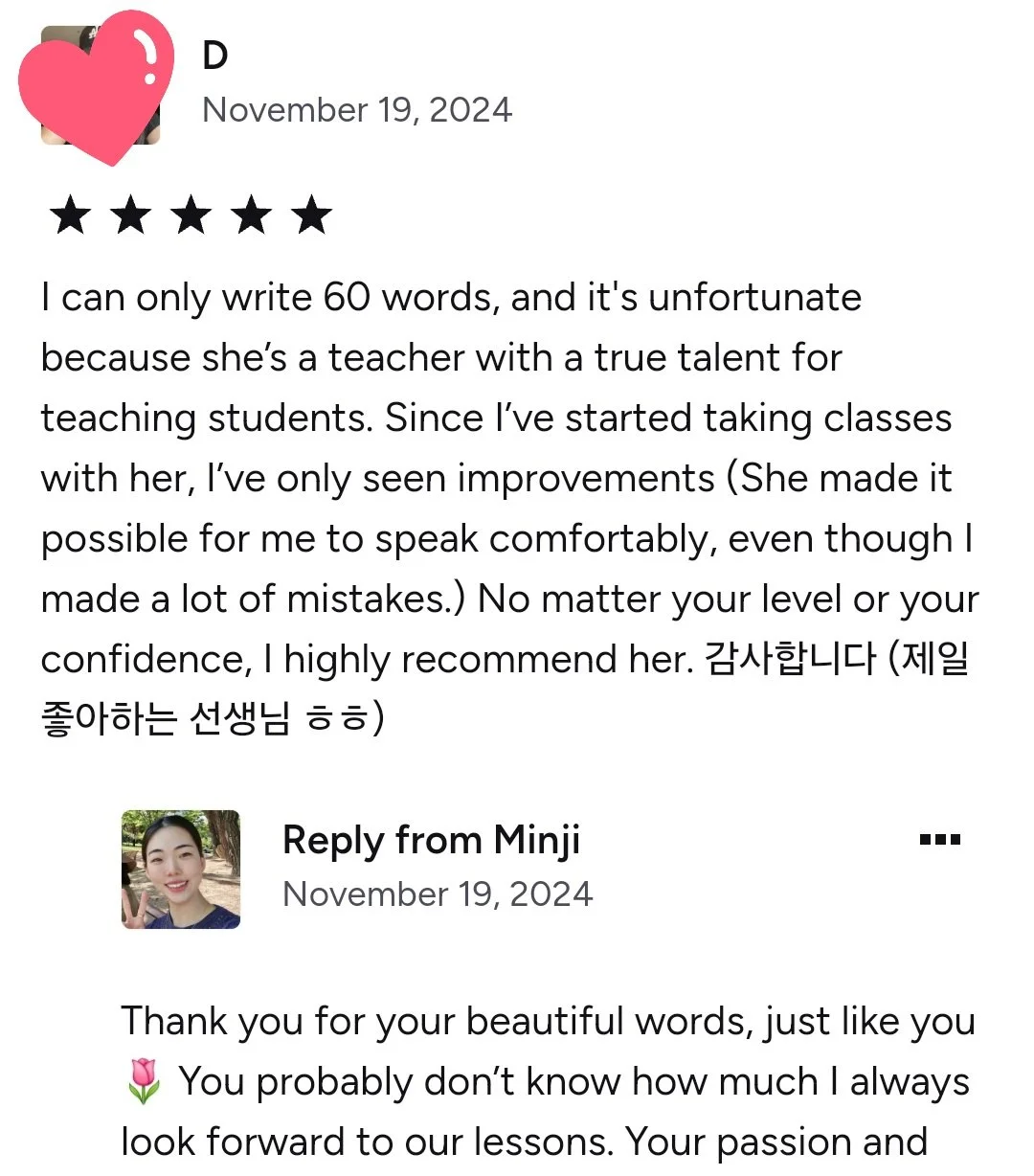Online review of a teacher, praising her teaching skill and improvement in speaking confidence, with a reply thanking her and expressing anticipation for lessons.