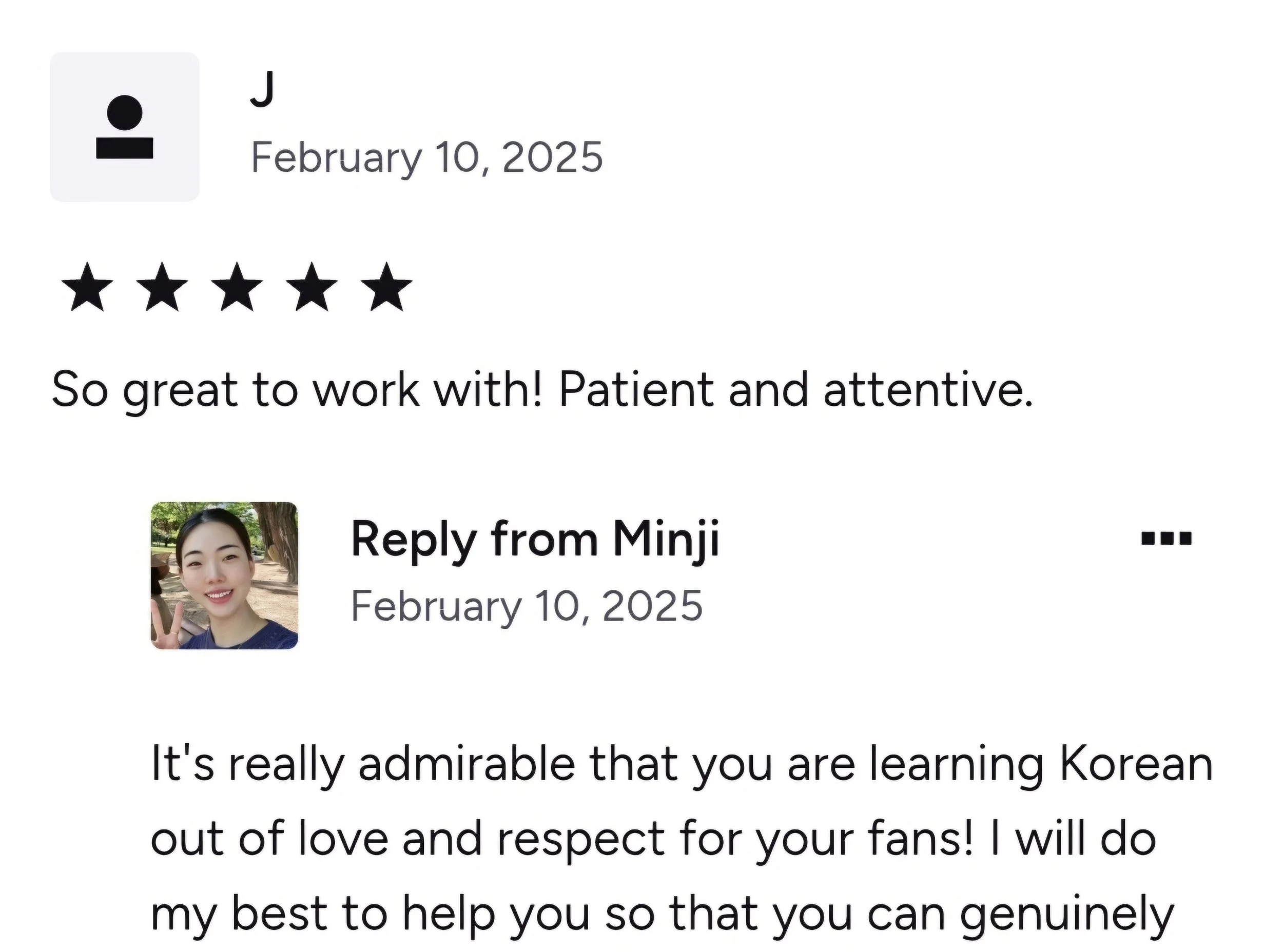 A screenshot of a social media post with a five-star rating, a profile picture of a woman making a peace sign outdoors, and text expressing admiration for learning Korean and commitment to supporting fans.