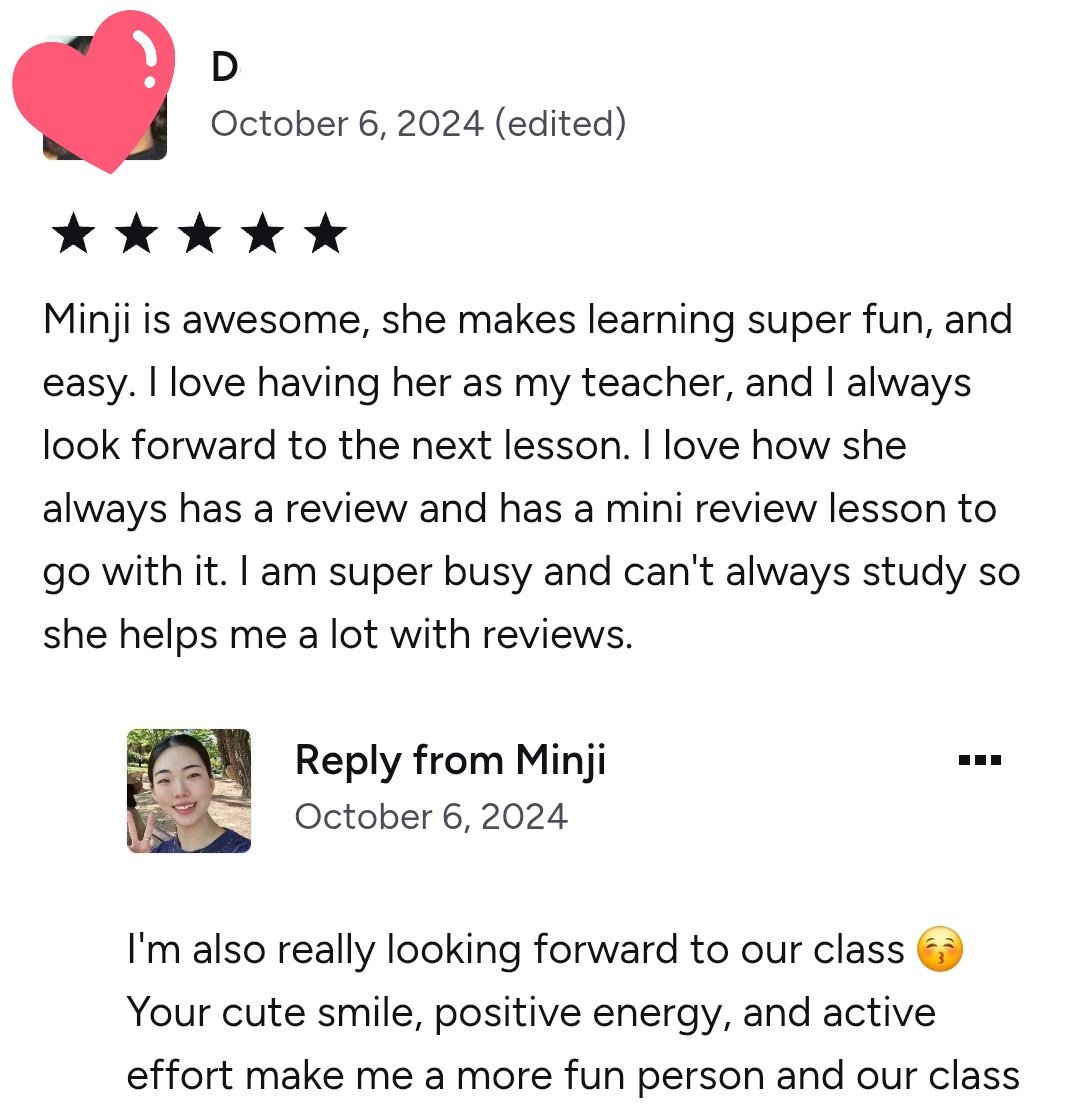 Screenshot of a positive review and reply for a teacher named Minji, dated October 6, 2024, with star ratings and a small profile picture of Minji.