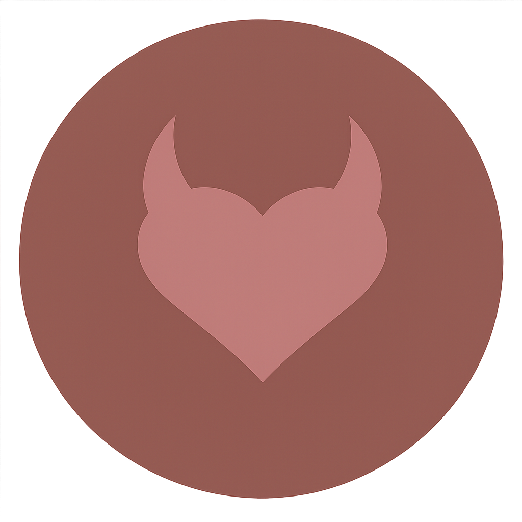 Een ronde afbeelding met een hart en hoorns in het midden, in tinten roze en bruin.