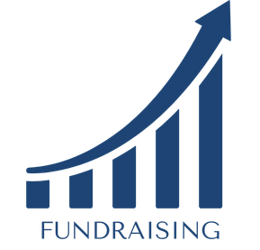 A blue upward trending bar graph with an arrow, labeled 'FUNDRAISING' at the bottom.